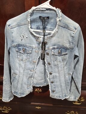 Charlies Light Blue Distressed Denim Jacket with Red Accent Nails